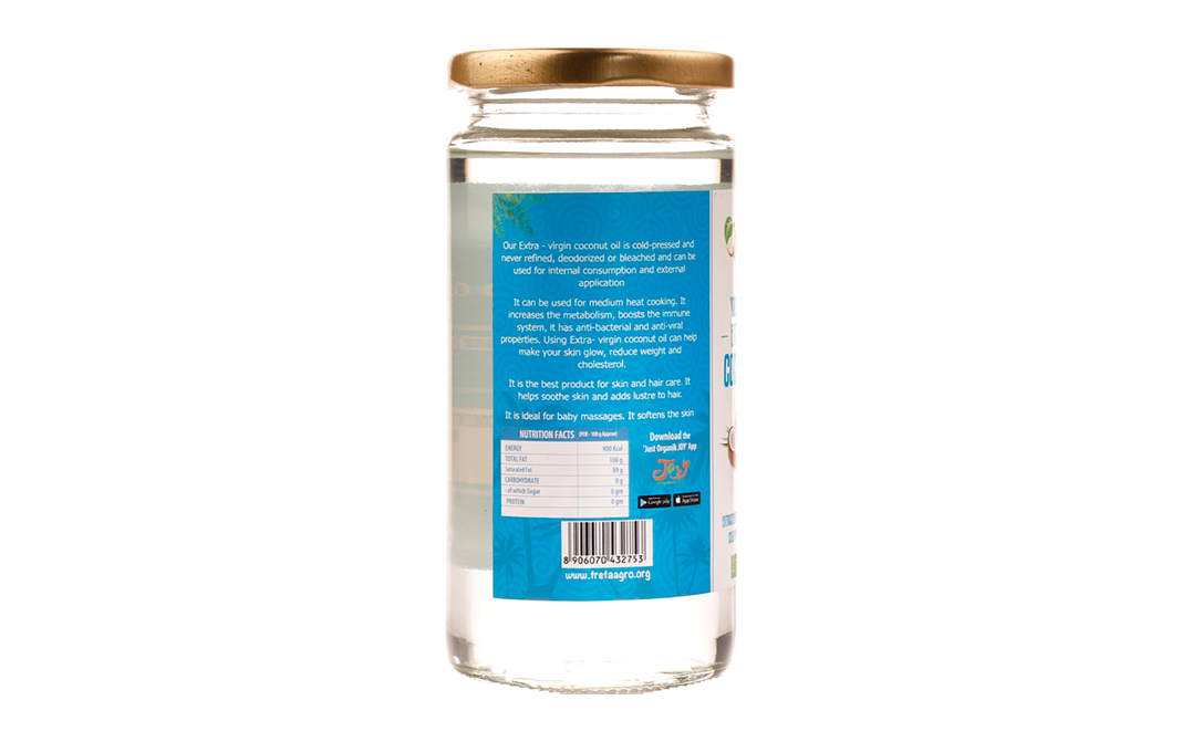 Just Organik 100% Organic Extra Virgin Coconut Oil   Glass Jar  350 millilitre